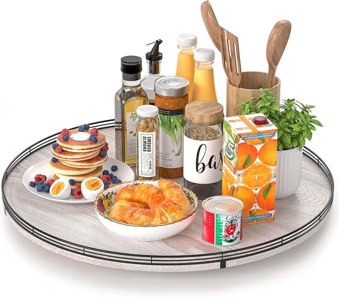 AMH 24-Inch Whitewashed Farmhouse Wooden Lazy Susan Organizer | Smooth rotating by AMH