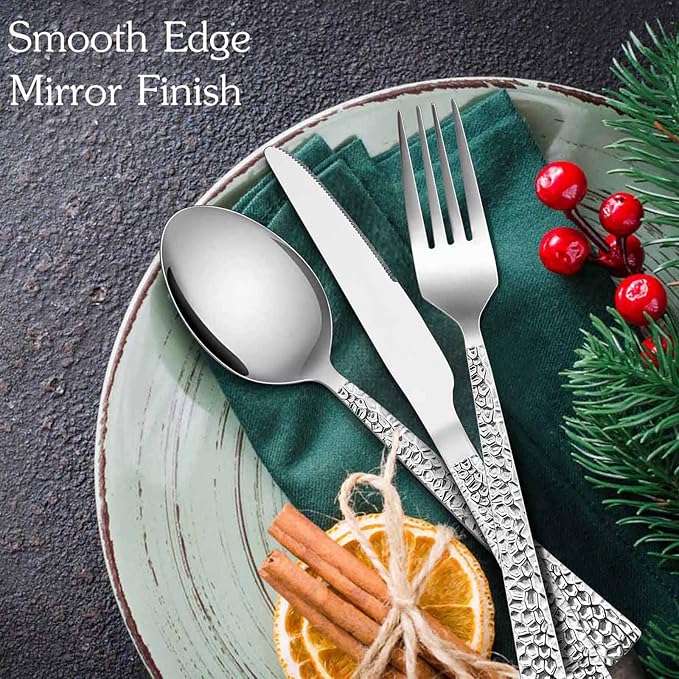 E-far 80-Piece Hammered Silverware Set, Stainless Steel Square Flatware Set - Image 3