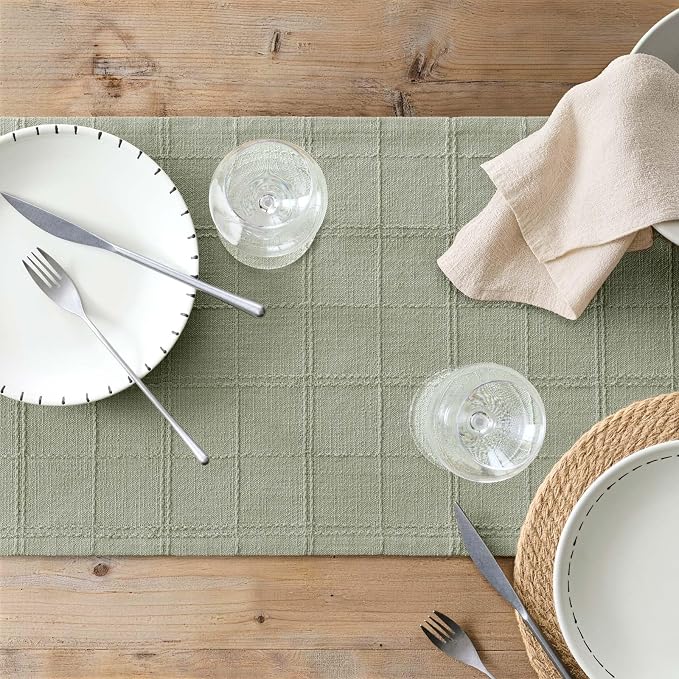 Linen Checked Farmhouse Table Runner, 13x48 Inches Seeding Green | Raised Grid - Image 7