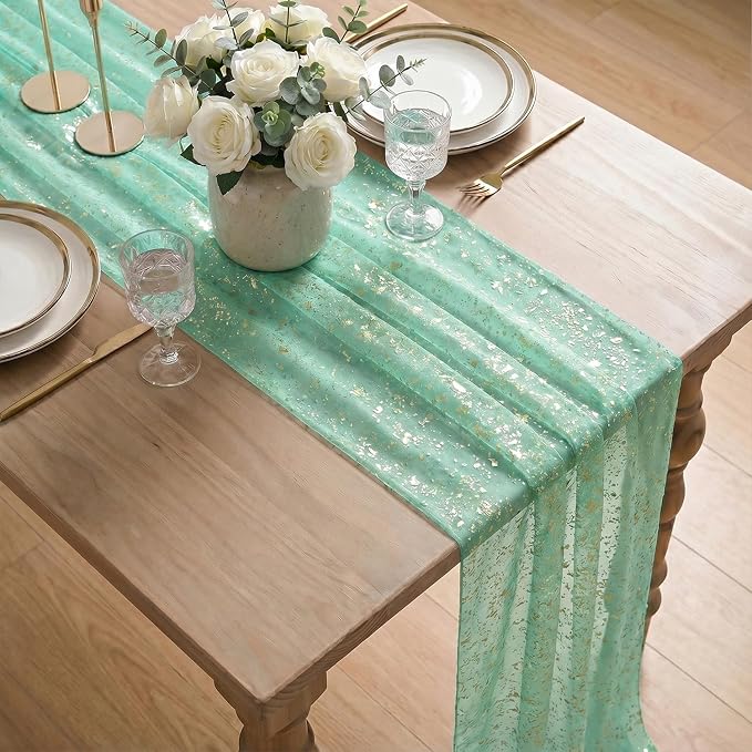 Artoid Mode 6Pcs Turquoise Gauze Gold Table Runner 10FT, Glitter Metallic Foil - Image 4