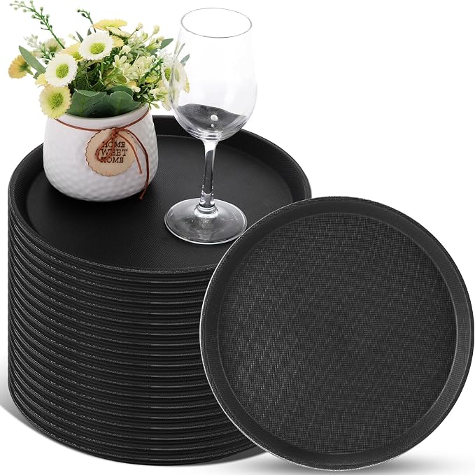20 Pcs Black Restaurant Serving Trays Bulk Plastic Non Slip Surface Round Drink by Unknown
