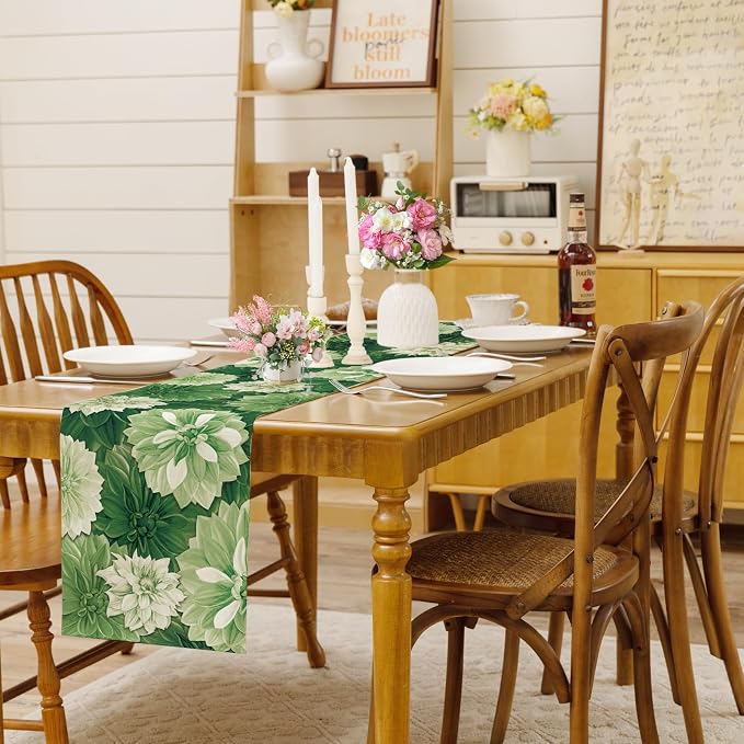 Green Dahlia Flower Summer Table Runner Sage Green Burlap Table Runners - Image 2