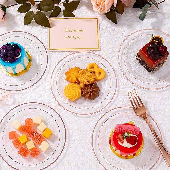 bUCLA 100PCS Clear Rose Gold Plastic Plates Disposable - Image 5