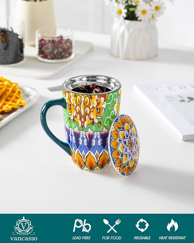 vancasso Ceramic Tea Mug with Infuser and Lid, 18 Ounce Bohemian Loose Leaf Cup - Image 3