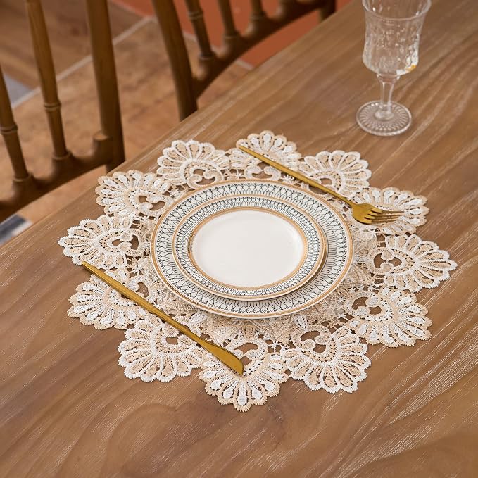 European Antique Jacquard Lace Table Doilies, Small Farmhouse Linen Embroidered - Image 2