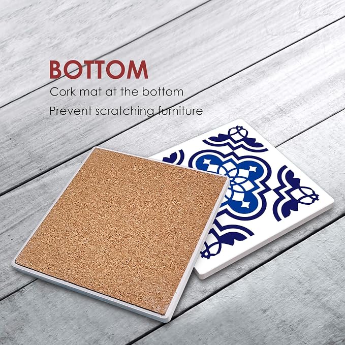 Navy Blue Tile Coasters for Drinks, Ceramic Stone | Geometric Abstract - Image 3