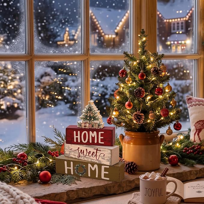 Cinnvoice 4 Pcs Red Christmas Tree Wooden Block Decor Winter Farmhouse Tiered - Image 5