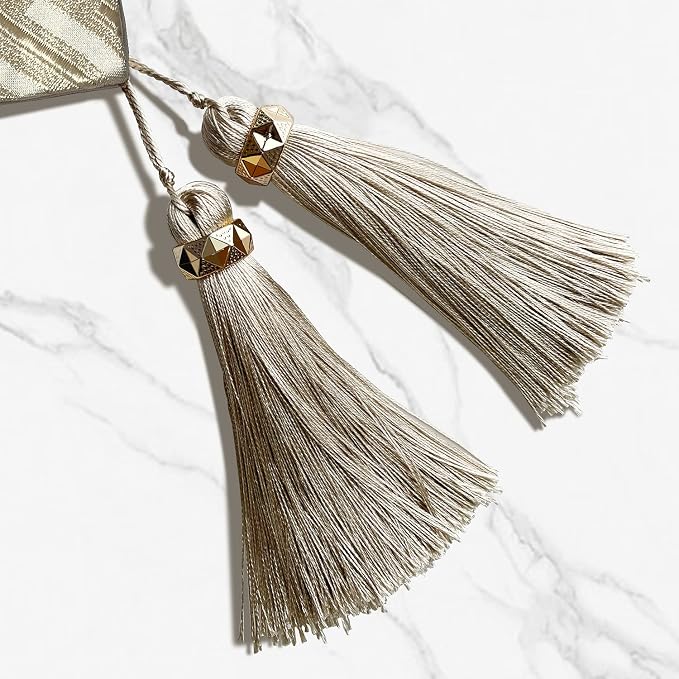 Luxury Beige Table Runner 120 Inches Long, Modern Geometric, Elegant Tassel | - Image 4