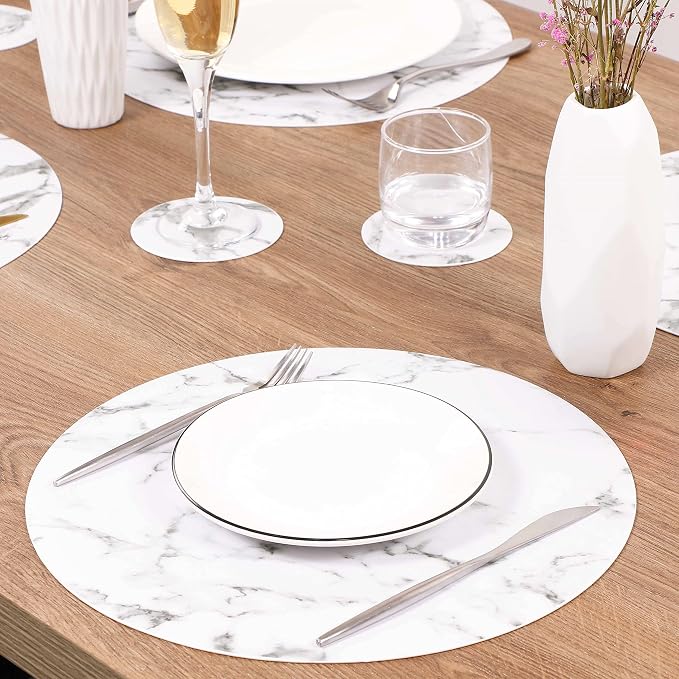 Set of 6 Marble Round Placemats and Coasters, Faux Leather Waterproof Table Mats - Image 6