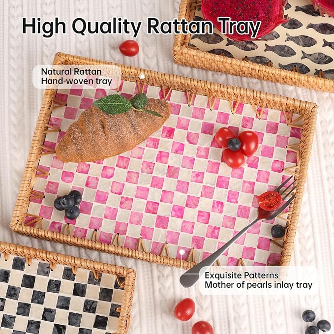 Rectangle Rattan Tray with Mother of Pearl Inlay, Rattan Serving Tray with - Image 3