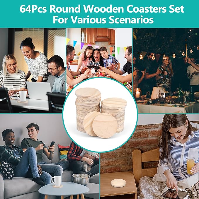 Adrattnay 64Pcs Unfinished Wood Coasters, 9mm Blank Wood Coasters Bulk - Image 6