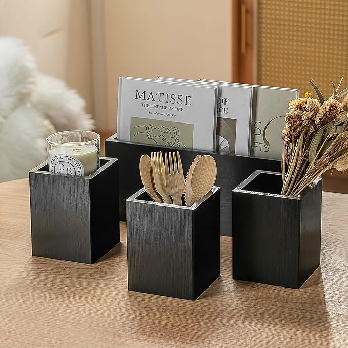 PTSTING Silverware Caddy Black Wood Silverware Holder Paper Plate Dispenser | - Image 6
