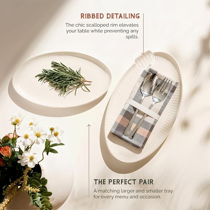 Serving Dishes, Durable Ceramic Platters, Ribbed Rim, Microwave and Dishwasher - Image 3