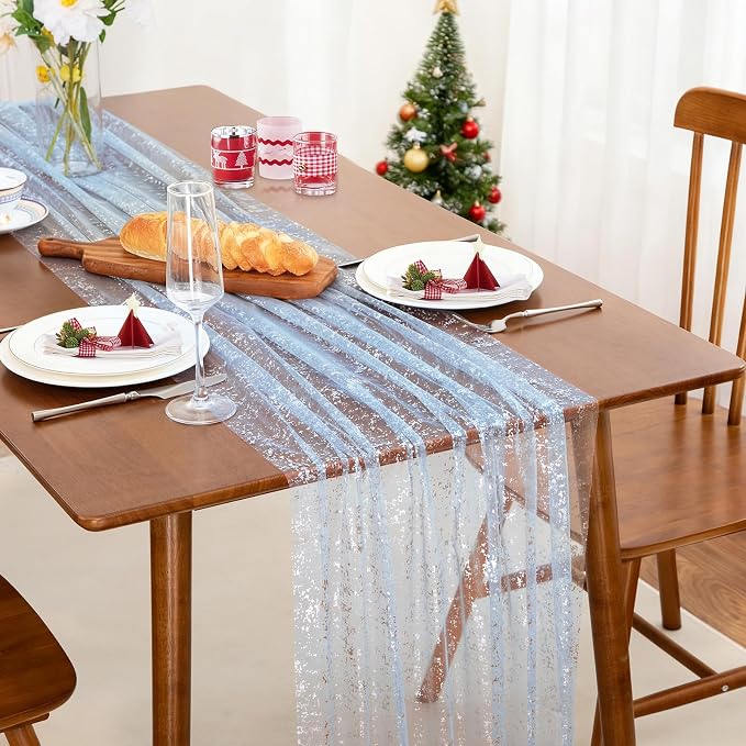 SiinvdaBZX Light Blue Sheer Tulle Table Runner 120 Inch/10 Ft Long | Gauze - Image 2