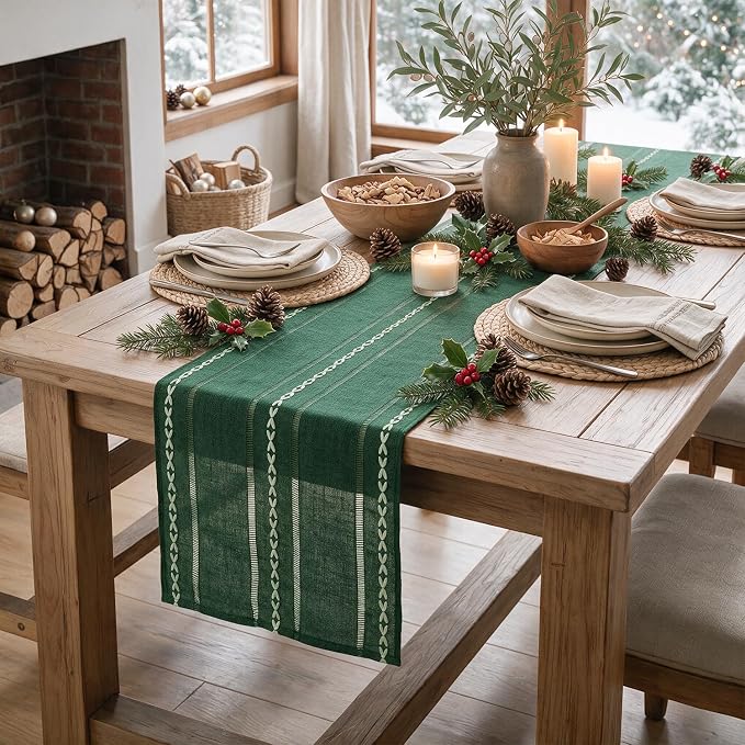 Artoid Mode Green Rustic Cotton Linen Christmas Table Runner, Seasonal - Image 2