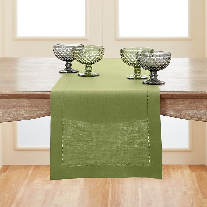 Solino Home 100% Pure Linen Table Runner Moss Green Hemstitch, 14 x 120 in | by SolinoHome
