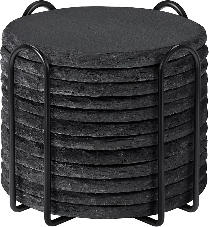 Slate Coasters with Holder, MAPRIAL 4 Inch Coaster Set of 12 Round Black Slate by MAPRIAL