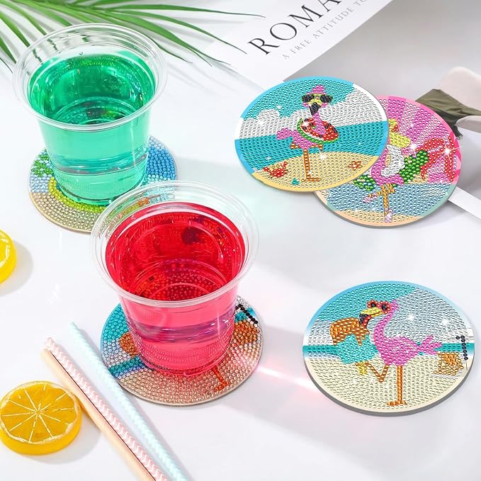 8 Pcs Boho Diamond Art Painting Coasters Holder Sands Flamingos | Abstract - Image 5