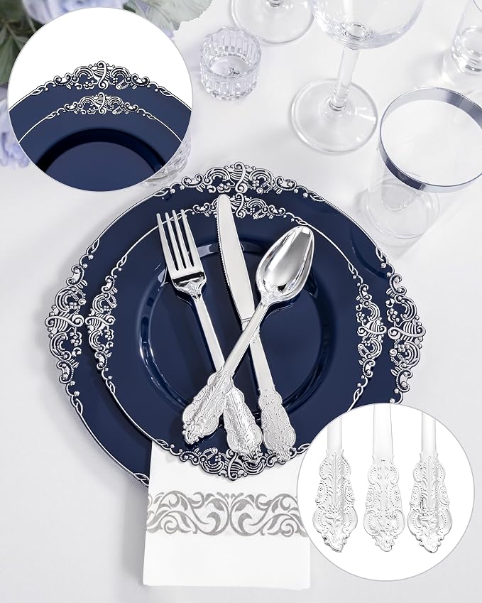175pcs Blue and Silver Plastic Plates - Image 5