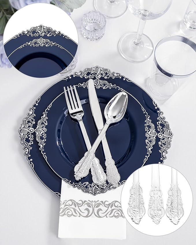350 Pcs Blue Silver Plates for Graduation | Blue Party Plates Set for 50 Guests - Image 5