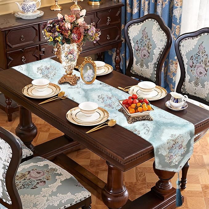 Damask Luxury Table Runner 72 inches Long Textured Chenille Light Blue | Decor - Image 7