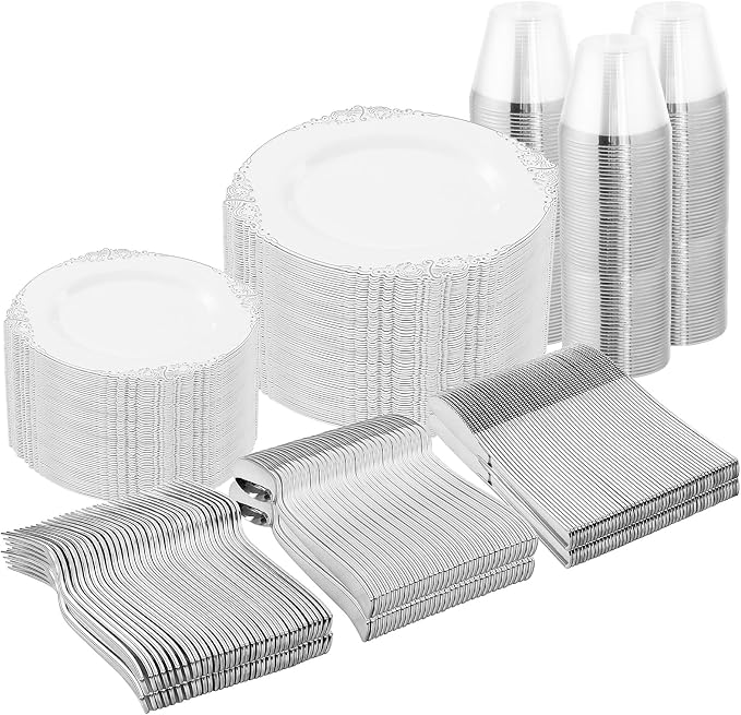 Nervure 600Pcs Silver Plastic Plates, Plastic Dinnerware Set by Nervure