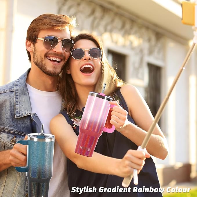 40 oz Shiny Tumbler with Handle and Straw, Stainless Steel Tumbler with Lid and - Image 7
