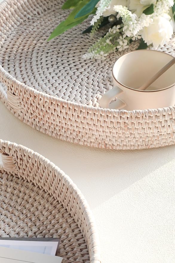 HITOMEN 14.2" Hand-Woven Round Rattan Serving Tray Decorative Ottoman Wicker - Image 4