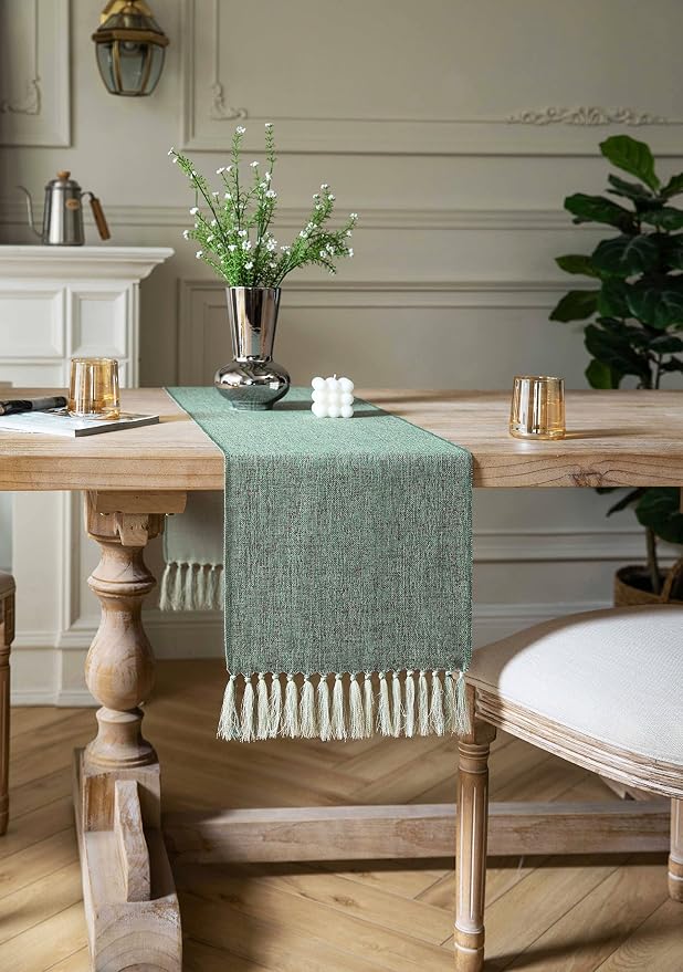 Green Table Runners 90 Inches Long, Burlap Linen Style Rustic Farmhouse Table - Image 3