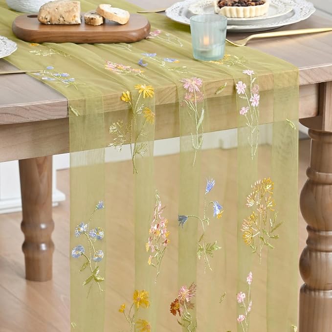 Artoid Mode Wildflower Floral Fern Green Gauze Embroidery Table Runner 120 Inch by ArtoidMode