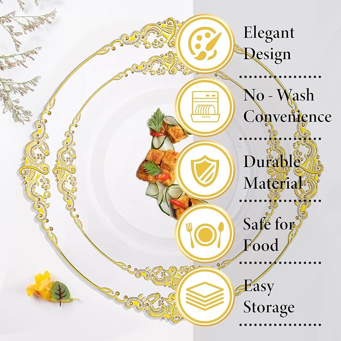 Nervure 100Pcs Clear Gold Plastic Plates, Party Plates Set - Image 8