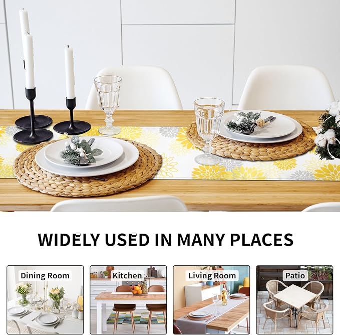 Dahlia Flower Table Runner 13x90 Inch Farmhouse Yellow Gray Runners Modern - Image 7