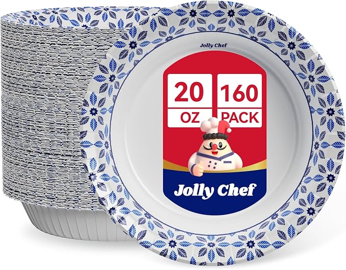 160 Count Paper Bowls 20 oz Soak Proof, Heavy Duty Printed Disposable Bowls Bulk by JOLLYCHEF