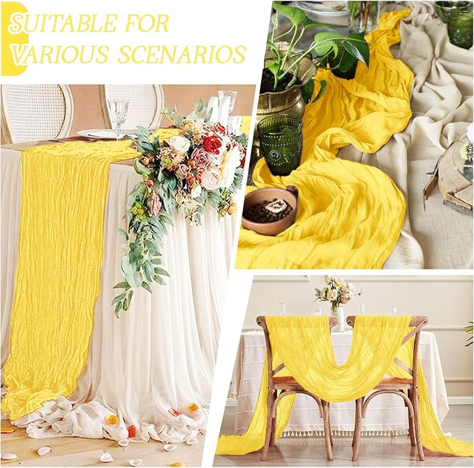 3 Pack Lemon Yellow Cheesecloth Table Runner 17x108 Inch Semi Sheer Boho Gauze - Image 5