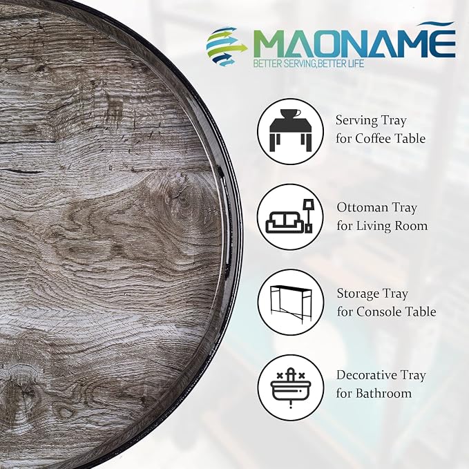 13" Round Decorative Tray, Faux Wood Serving Tray - Image 4
