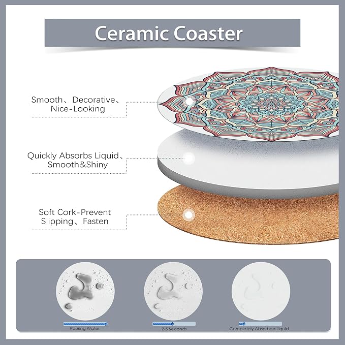 Drink Coasters Set of 6 with Holder, Mandala Boho Flower Absorbent Ceramic - Image 3