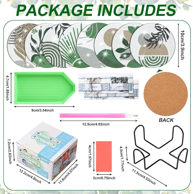 8 Pcs Boho Diamond Art Painting Coasters Holder Green Plants | Abstract Diamond - Image 2