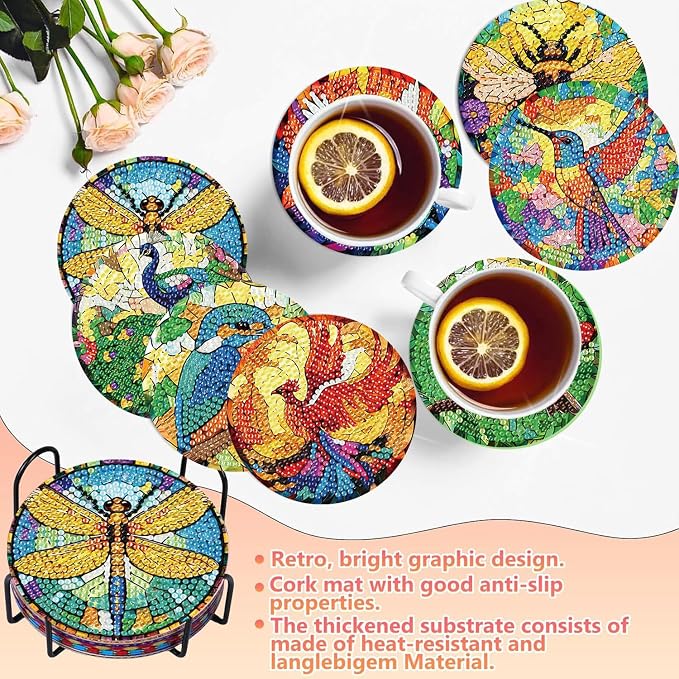 8 PCS Spring Diamond Art Coasters Kits Animals Diamond Painting Coaster | - Image 4