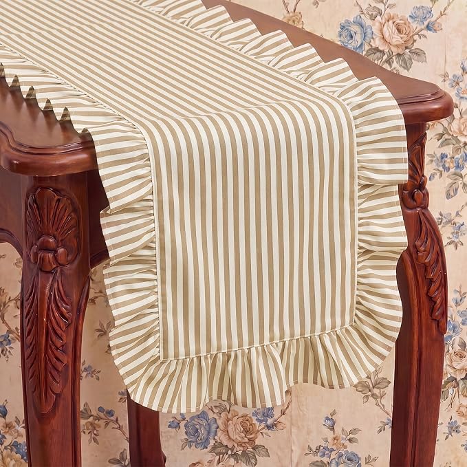 HunnmingRe Ruffle Trim Boho Table Runner Farmhouse Rustic Stripes Scalloped - Image 7