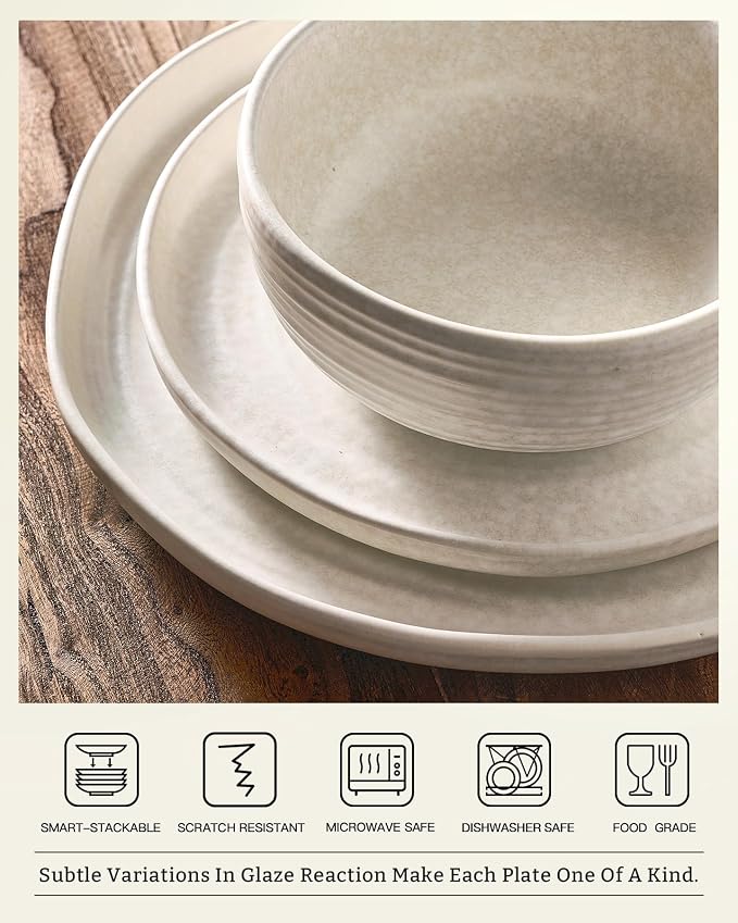Famiware Pluto 12-Piece Stoneware Dinnerware Set, Matte Beige White | Double - Image 3