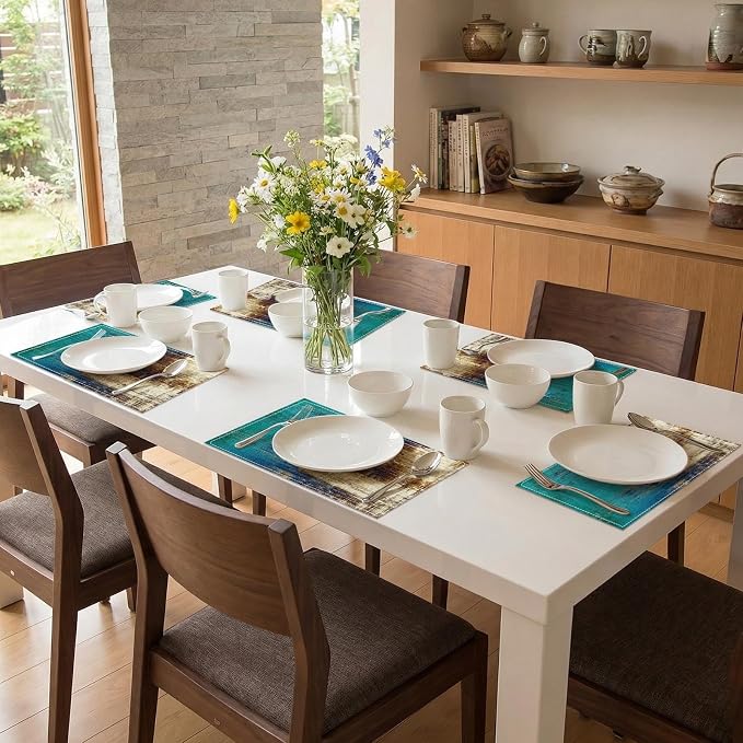 Emvency Farmhouse Placemats Set of 6, 12x18 Inch, Teal Coastal | Farmhouse - Image 7