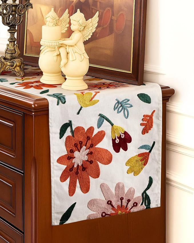 Canvas Embroidered Narrow 13"x 72" Table Runner, Colorful Flower | Exquisite - Image 5