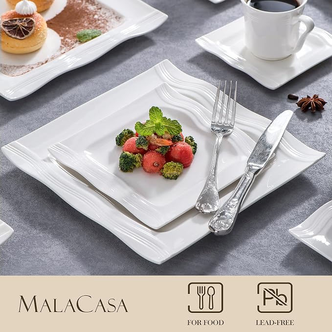 MALACASA 30 Pieces Dinnerware Sets, Modern Ivory White Plates and Bowls Sets - Image 3