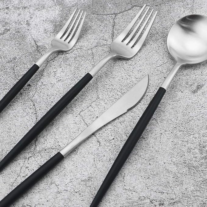 Black Handle Matte Silver Silverware Set - Image 6