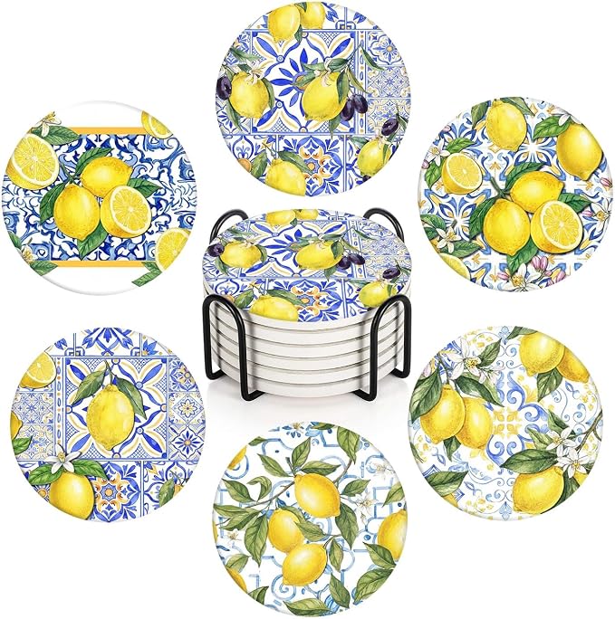 Coasters for Drinks, Ceramic Stone Yellow Blue | Absorbent Round Lemon Fruit by BRIBAY