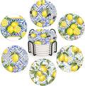 Coasters for Drinks, Ceramic Stone Yellow Blue | Absorbent Round Lemon Fruit by BRIBAY
