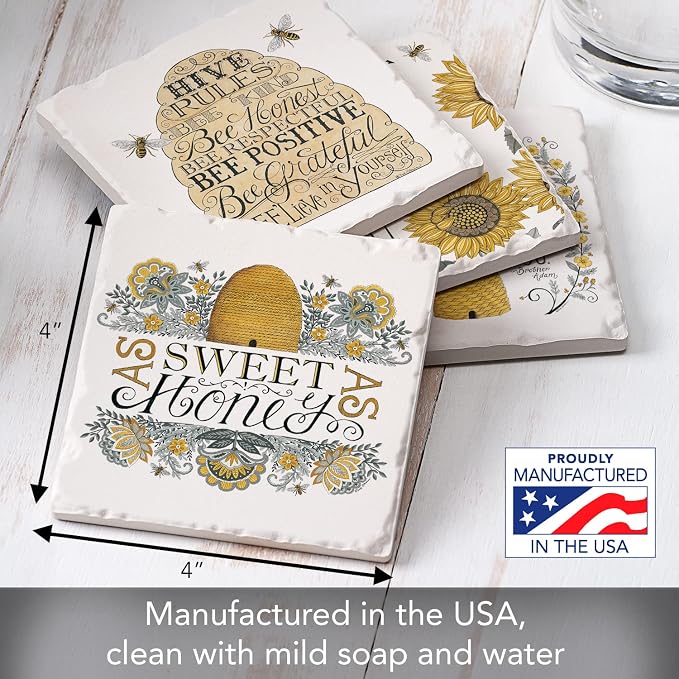 Thirstystone Honey Bees 4 Pack Assorted Tumbled Tile Stone Coasters | 4" Square - Image 3