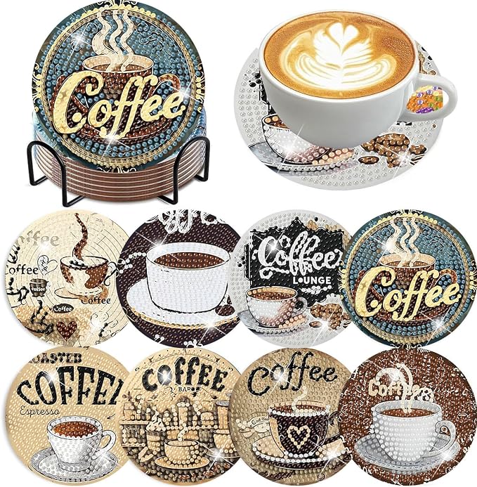 Ekuxom 8 PCS Coffee Diamond Art Coasters Kits by Ekuxom