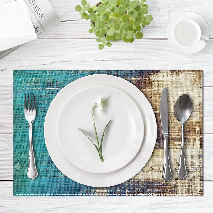 Emvency Farmhouse Placemats Set of 4, 12x18 Inch, Teal and Light Brown | - Image 4