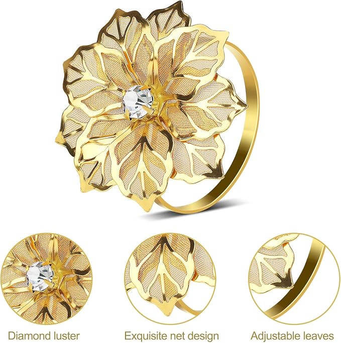KPOSIYA Set of 20 Napkin Rings, Metal Gold Hollow Out Flower Napkin Ring Holder - Image 4